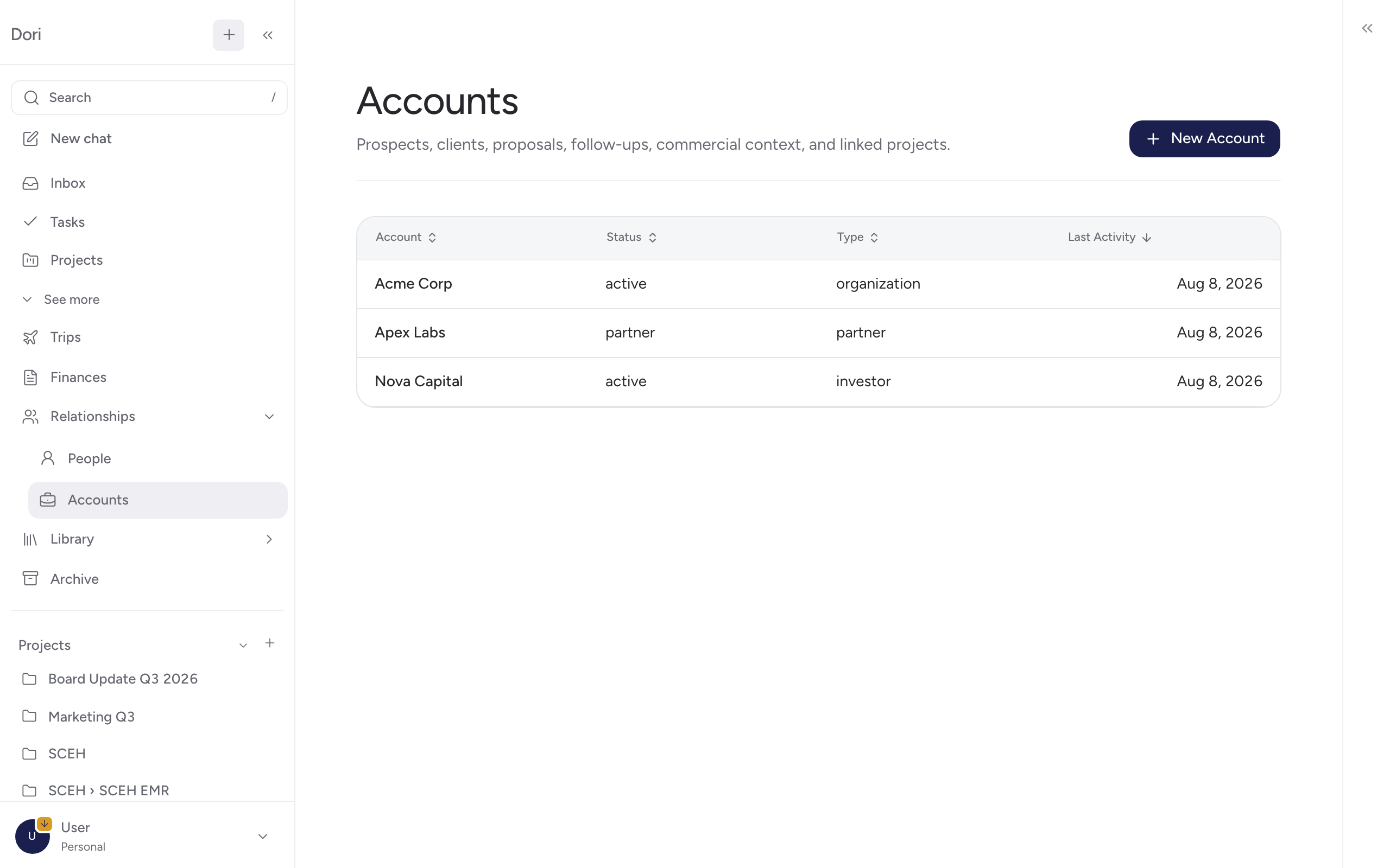 Client Account Directory & Pipeline Timeline